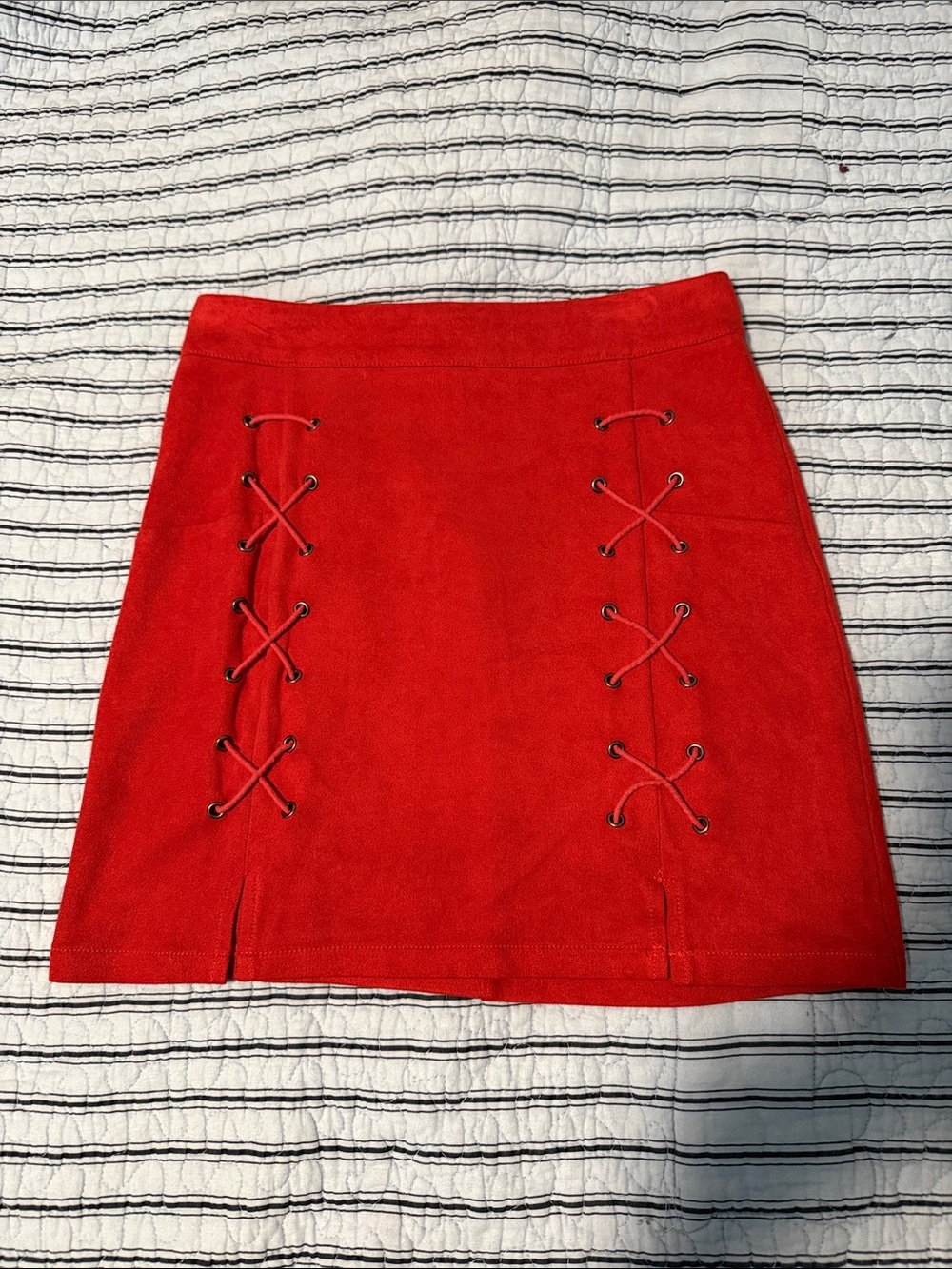 Red Lace-Up Suede Mini Skirt